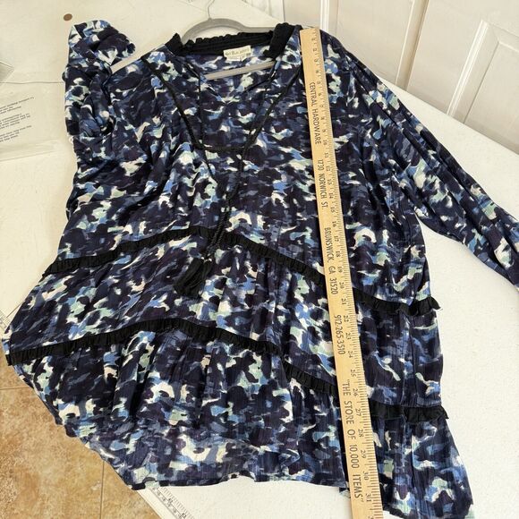 Go Fish Rayon Artsy Tiered Tunic Top Size XL Blue Black Velvet Trim Boho Relaxed - Picture 7 of 8